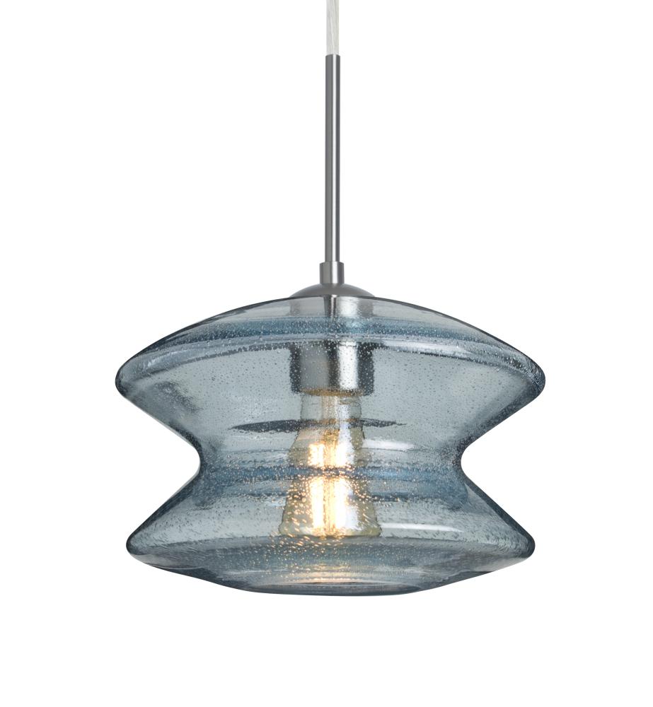 Besa, Zen Cord Pendant, Blue Bubble, Satin Nickel Finish, 1x8W LED Filament