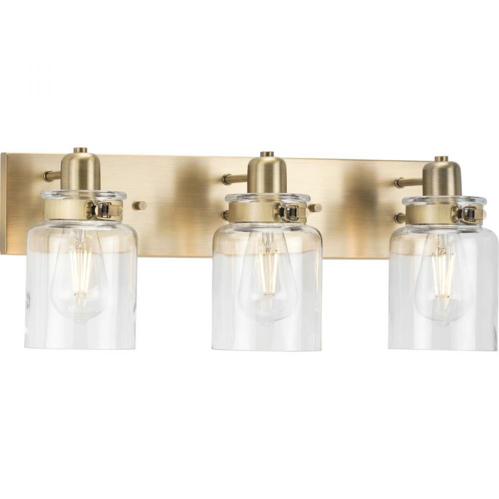 Calhoun Collection Three-Light Vintage Brass Clear Glass Farmhouse Bath Vanity Light