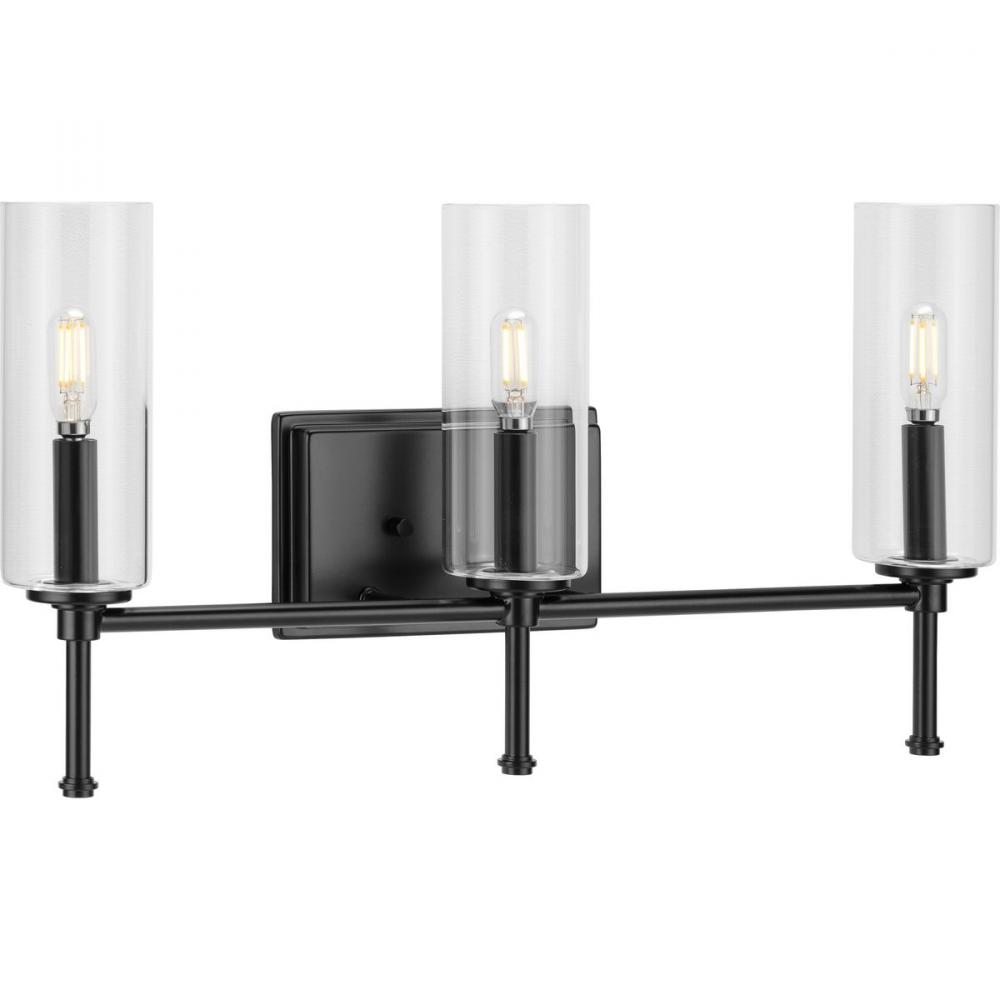 Elara Collection Three-Light Matte Black Clear Glass New Traditional Bath Vanity Light