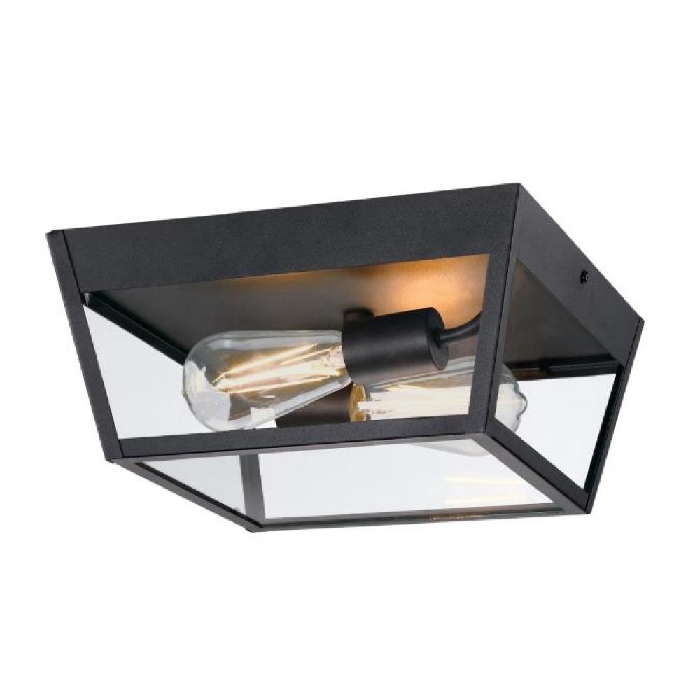 12 in. 2 Light Flush Textured Black Clear Glass