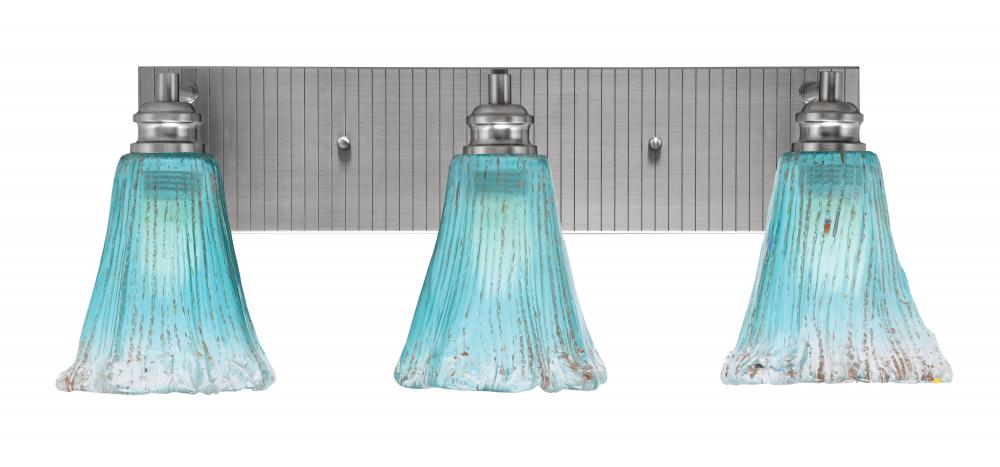 Edge 3 Light Bath Bar, Brushed Nickel Finish, 5.5" Fluted Teal Crystal Glass