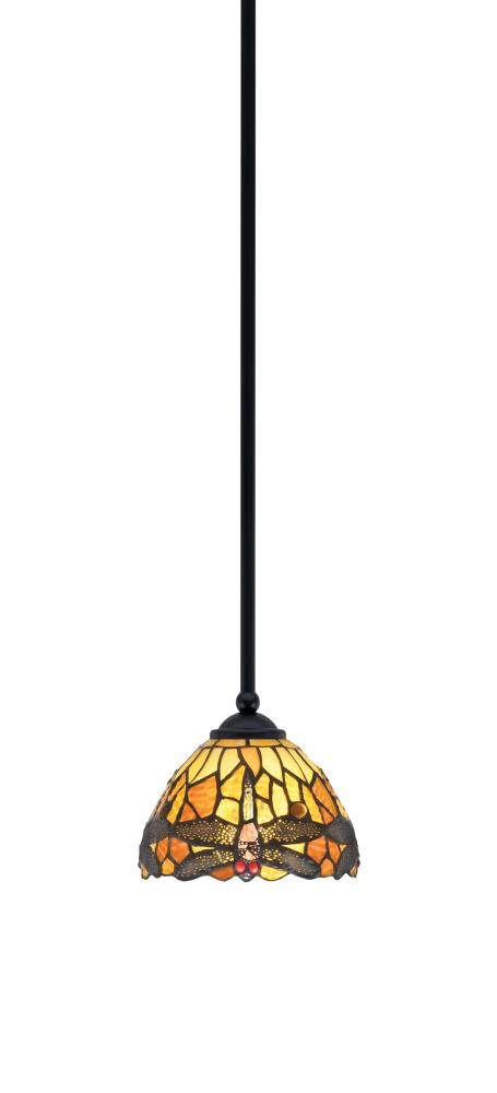 Zilo Stem Mini Pendant, Matte Black Finish, 7" Amber Dragonfly Art Glass