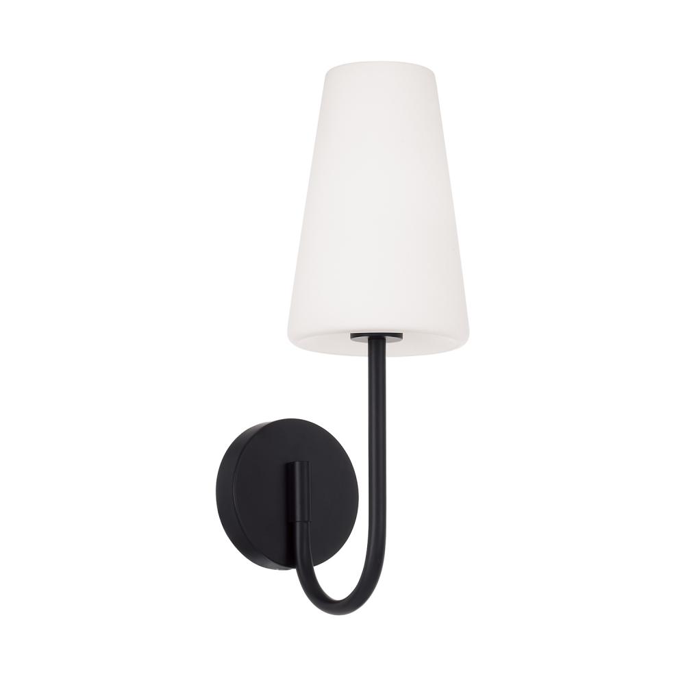 1-Light Armed Sconce in Matte Black with Tapered Soft White Glass