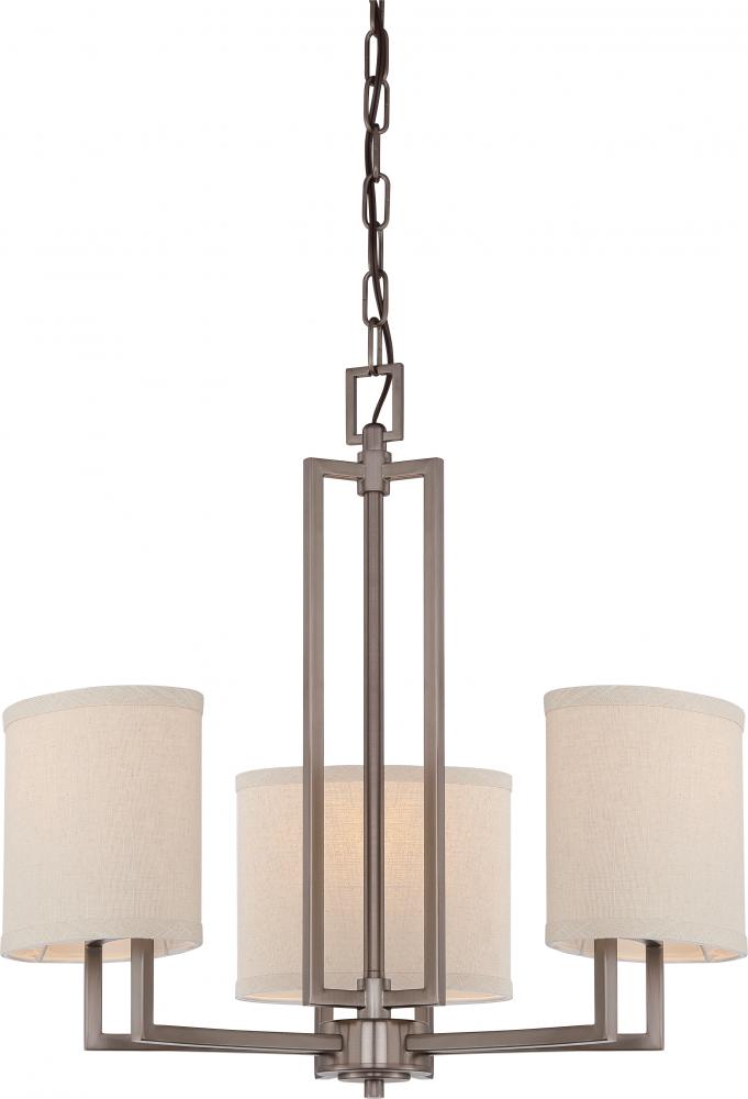 Gemini - 3 Light Chandelier with Khaki Fabric Shades - Hazel Bronze Finish