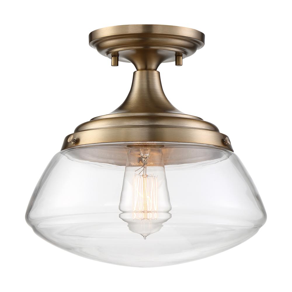 Kew - 1 Light Semi Flush - with Clear Glass - Burnished Brass Finish